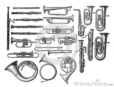 Blow instruments musical collection / Vintage and Antique illustration from Petit Larousse 1914 Cartoon Illustration
