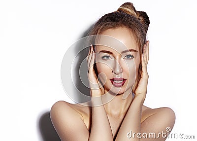 Blow sweet kiss. Beautiful woman with fashion lips make-up on white background. Valentines day Makeup. look Stock Photo