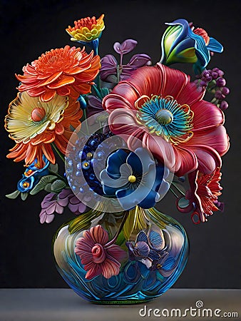 Blown-Glass Flower Bouquet in Photorealism Stock Photo