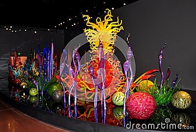 Blown glass spheres in different colors, Chihuly Garden and Glass Museum, Seattle, WA Editorial Stock Photo