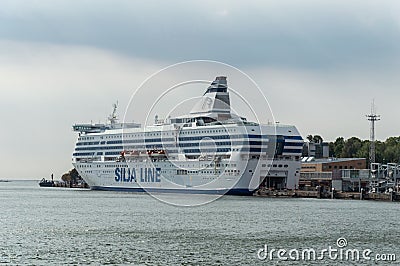 Blu and white Silia Line ferry is moored in port. Editorial Stock Photo
