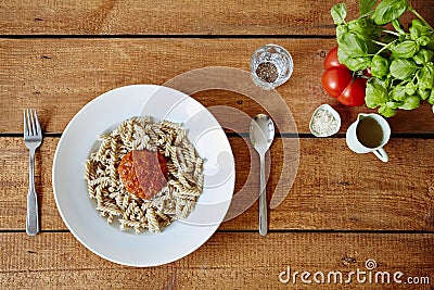 A blub of tomato sauce on pasta fresh decoration Stock Photo