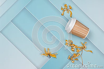 On a blue, abstract background, dry yellow flowers and a paper cup from under the coffee. Nice layout, there is a place for text. Stock Photo