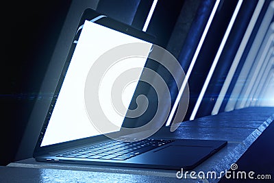 Blue abstract interior with laptop computer Editorial Stock Photo