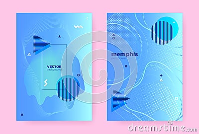 Blue Abstract Memphis Brochure. Summer Fluid Posters. Vector Illustration