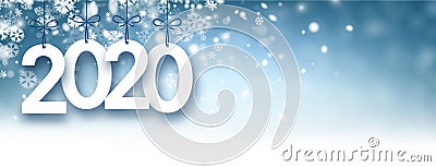 Blue abstract 2020 New Year banner with snow. Vector Illustration
