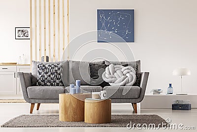 Blue abstract painting on white wall of contemporary living room interior with grey settee with pillows Stock Photo