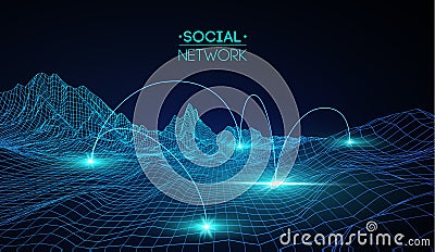 Social media blue abstract technology background. Global social network vector abstract. Network cyber technology Vector Illustration