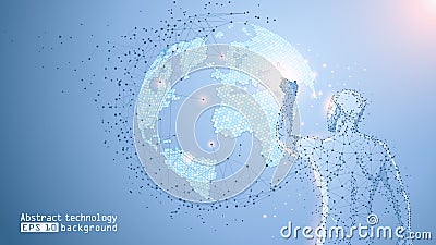 Blue abstract vector background. Low poly wireframe contour of a man. Man touches planet Earth. A grid of dots and lines. Future. Vector Illustration