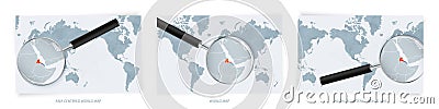 Blue Abstract World Maps with magnifying glass on map of Eritrea with the national flag of Eritrea. Three version of World Map Vector Illustration