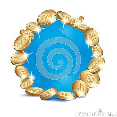 Blue abstractions with gold dollar coins frame on white background - vector Vector Illustration