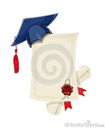 Blue academicic graduation cap with diploma blank and scroll Vector Illustration