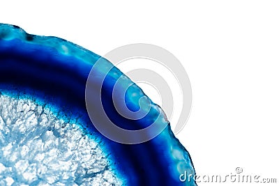 Blue agate slice stone with details of pattern isolated on white background with copy space for text Stock Photo