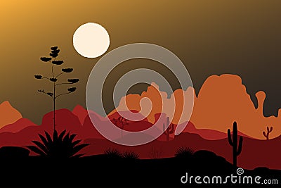 Blue agave silhouette in night desert. Mountains background. Vector illustration Vector Illustration