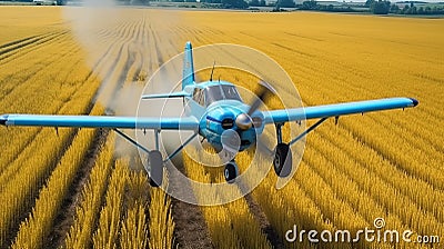 Blue agricultural aircraft plane watering a field during the daytime Stock Photo