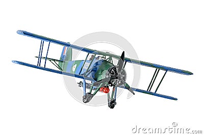 Blue plastic biplane isolated on the white background Editorial Stock Photo