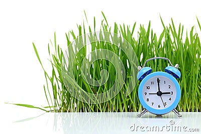 Blue alarm clock with grass Stock Photo