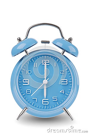 Blue alarm clock with the hands at 6 am or pm isolated on a white background Stock Photo