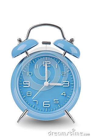 Blue alarm clock with the hands at 3 am or pm isolated on a white background Stock Photo