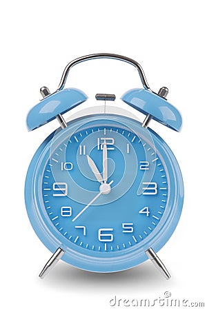 Blue alarm clock with the hands at 11 am or pm isolated on a white background Stock Photo