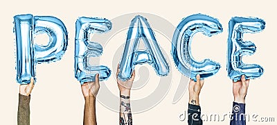 Blue alphabet balloons forming the word peace Stock Photo