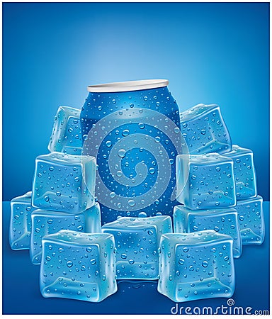 Blue Aluminum Tin Cans in ice cubes with many water drops Stock Photo