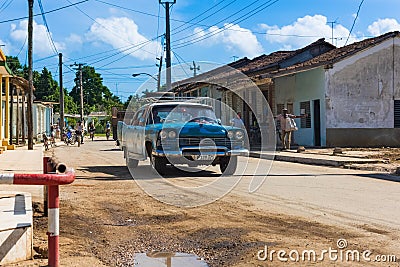 Blue american classic car drived through Santa Clara Editorial Stock Photo