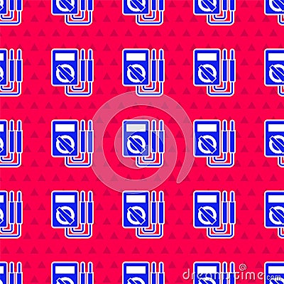 Blue Ampere meter, multimeter, voltmeter icon isolated seamless pattern on red background. Instruments for measurement Vector Illustration