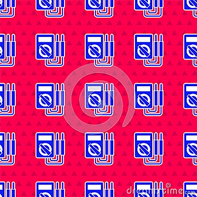 Blue Ampere meter, multimeter, voltmeter icon isolated seamless pattern on red background. Instruments for measurement Stock Photo