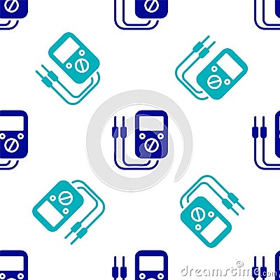 Blue Ampere meter, multimeter, voltmeter icon isolated seamless pattern on white background. Instruments for measurement Vector Illustration