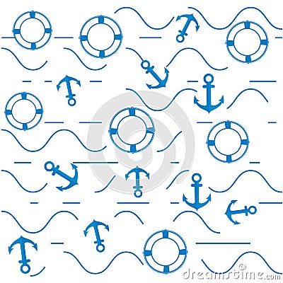 Blue anchors and lifebuoys over white with sea waves. Vector Illustration