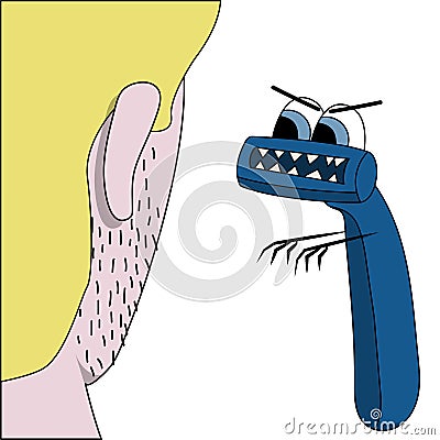 Blue angry razor looks at unshaven face. Isolated cartoon illustration Vector Illustration