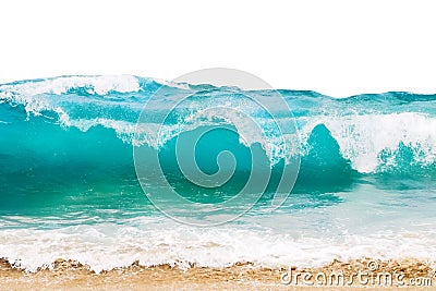Blue and aquamarine color sea waves and yellow sand with white foam isolated on white background. Marine beach background Stock Photo