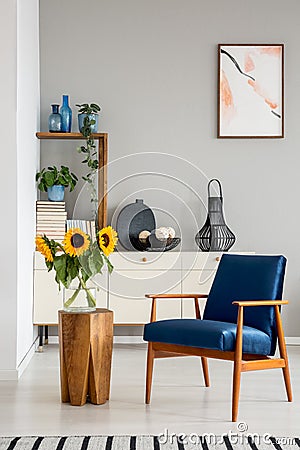 Blue armchair next to wooden table with sunflowers in grey flat interior with poster. Stock Photo