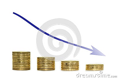Blue arrow and golden coins falling chart. Stock Photo