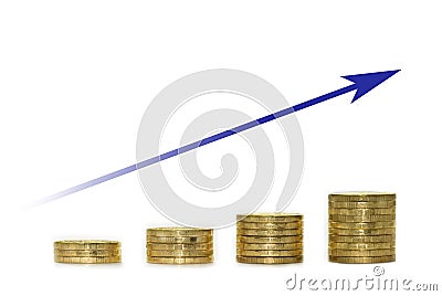 Blue arrow and golden coins growth chart Stock Photo