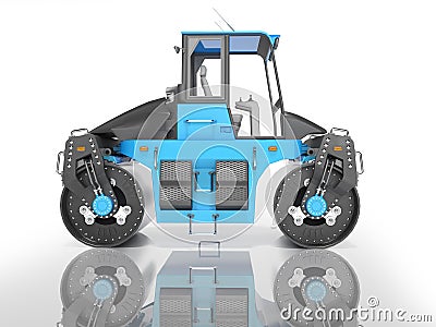 Blue asphalt roller for laying the road side view 3D rendering on white background with shadow Stock Photo