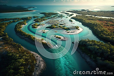 Blue river that flows into the sea, aerial view, illustration ai Cartoon Illustration