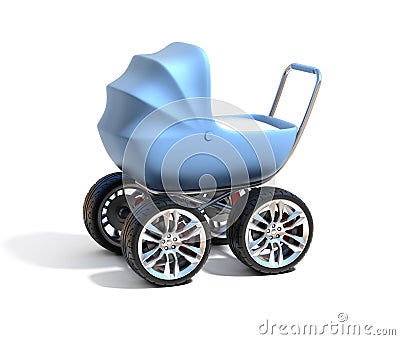 Blue baby carriage with sport car wheels Cartoon Illustration