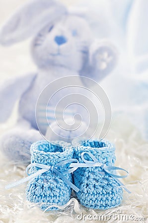 Blue baby crochet shoes Stock Photo