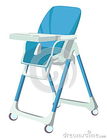 Blue baby high chair for feeding, modern design, isolated on white. Comfortable infant seat for meal times, easy clean Cartoon Illustration