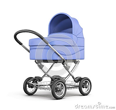 Blue baby stroller on white background. 3d rendering Stock Photo