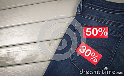 Blue back jeans pocket with number percent sale Stock Photo