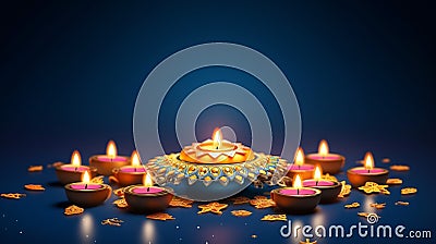 Blue Backdrop Diwali Lamp Display Stock Photo