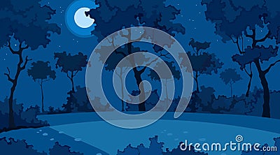 Blue background of cartoon summer forest on a moonlit night Vector Illustration