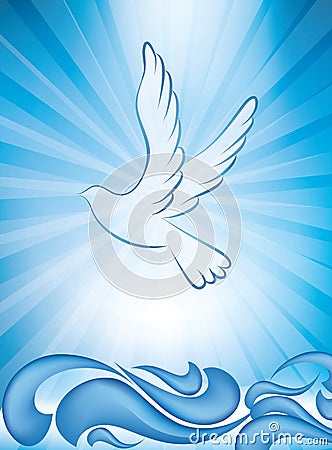 Christian baptism invitation - baptism greeting card with dove and waves of water on blue background Stock Photo