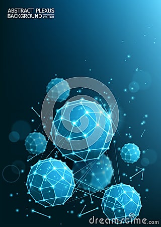 Vector abstract blue background. Complex geometric shapes. Futuristic 3d polyhedrons. Blur effect. Microbiology and medicine. Vector Illustration