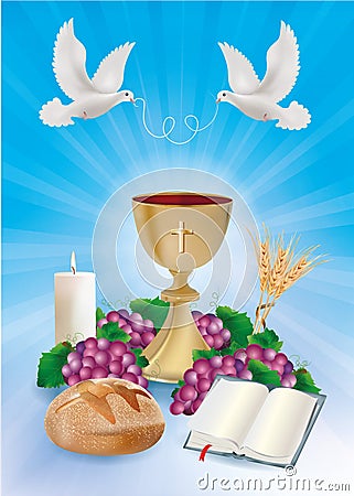 Blue background concept Christian symbols with golden chalice, bread, bible, grapes, candle, dove, ears of wheat Stock Photo