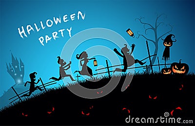 Blue background concept,silhouette many people with men and women wearing as ghost for festival halloween Vector Illustration