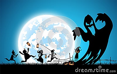 Blue background concept,silhouette many people with men and women wearing as ghost for festival halloween Vector Illustration